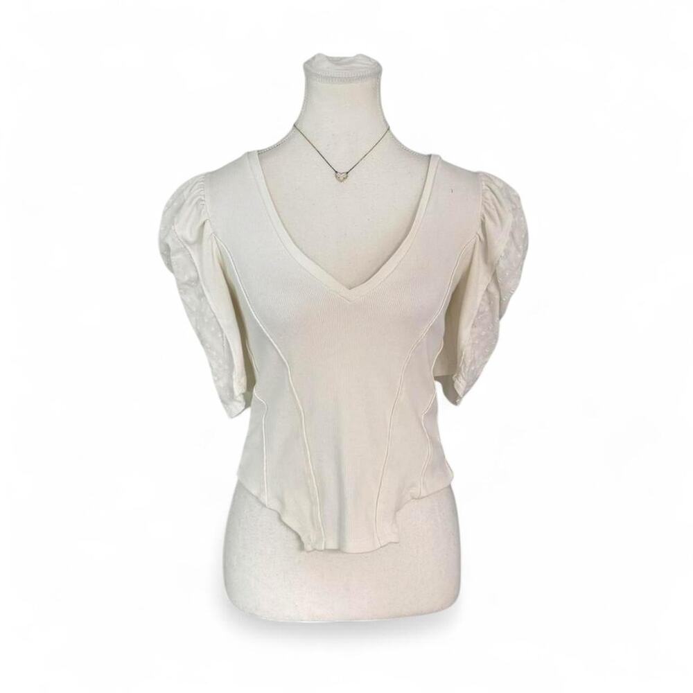 Anthropologie White Puff 3/4 Sleeve Blouse Flattering Coquette Chic size XS